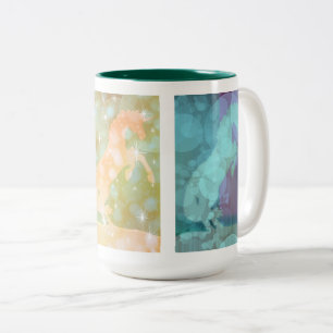 Caneca De Café Em Dois Tons Dois Cavalos e um Unicórnio (amarelo/chato/púrpura