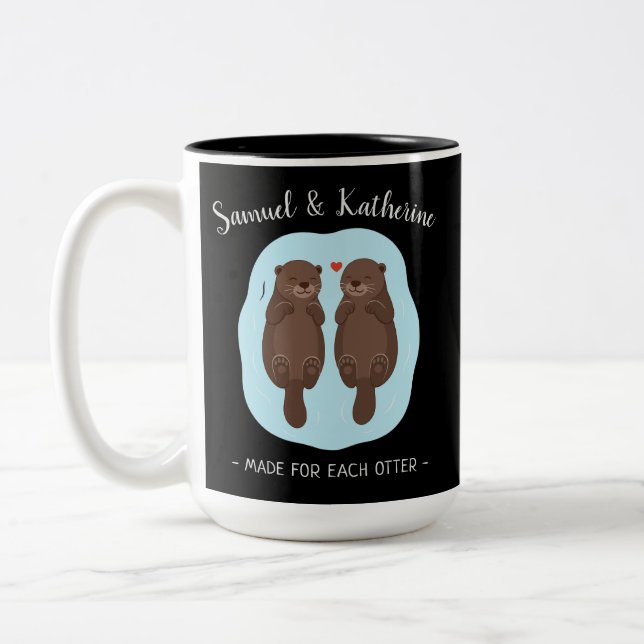 Caneca De Café Em Dois Tons Dois Lindos e Fofos Lontras Nome Personalizado Dia (Esquerda)