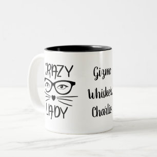 Caneca De Café Em Dois Tons Dona Gata Louca 3 Nomes de Gatos Personalizados