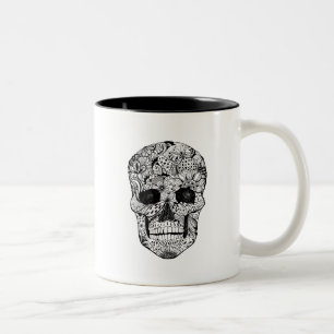 Caneca De Café Em Dois Tons Doodle floral do crânio