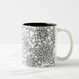Caneca De Café Em Dois Tons Doodle floral étnico