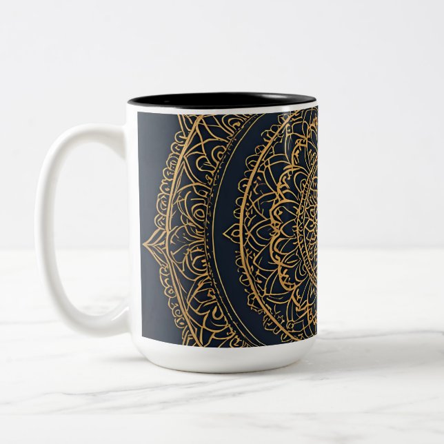 Caneca De Café Em Dois Tons Dourada Mata Azul de Mandala (Esquerda)