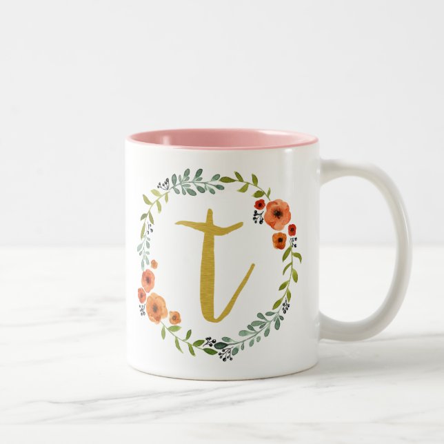 Caneca De Café Em Dois Tons Dourado Monograma Inicial da Frota Botânica T (Direita)