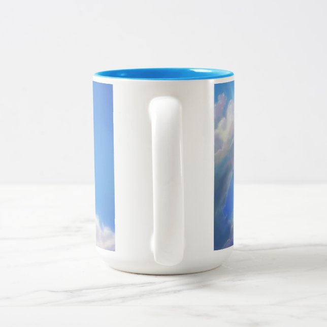 Caneca De Café Em Dois Tons Dragão Azul a Voar nos Céus  (Alça)