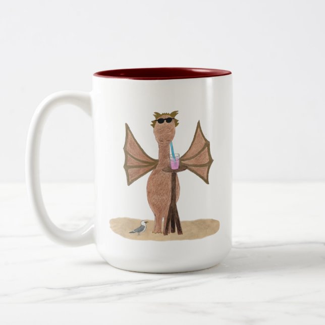 Caneca De Café Em Dois Tons Dragão Fofo na Praia  (Esquerda)