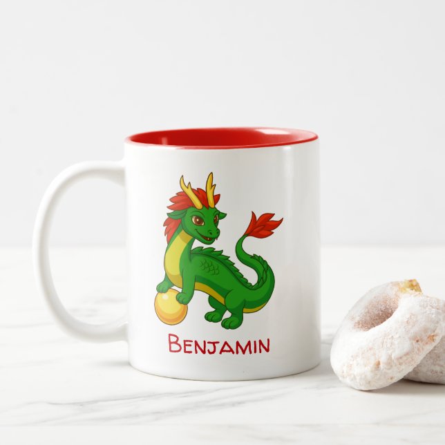 Caneca De Café Em Dois Tons Dragão Verde Chinês Nome Personalizado (Com Donut)