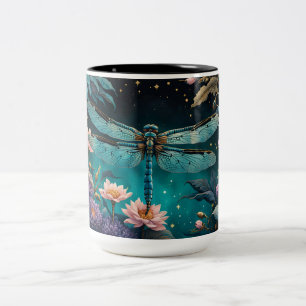 Caneca De Café Em Dois Tons Dragonfly em um jardim floral à noite