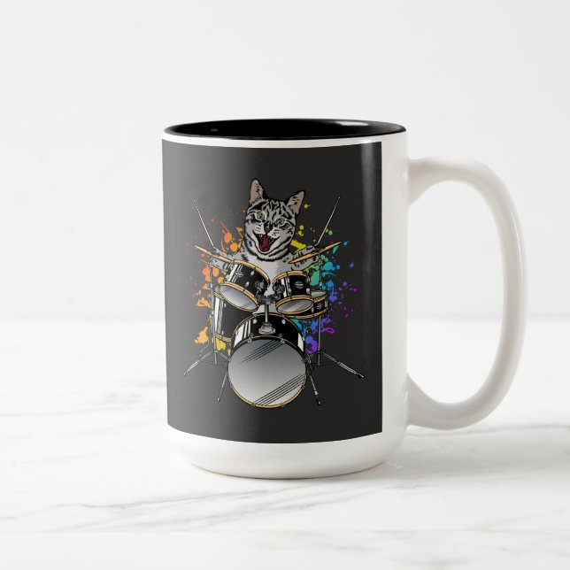Caneca De Café Em Dois Tons Drummer Gato Tocando Tambor (Direita)