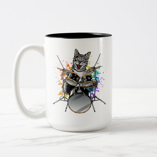 Caneca De Café Em Dois Tons Drummer Gato Tocando Tambores (Esquerda)