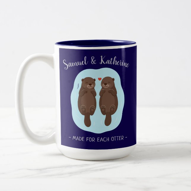 Caneca De Café Em Dois Tons Duas Adoráveis Lontras Fofas Nome Personalizado Di (Esquerda)