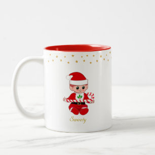 Caneca De Café Em Dois Tons Duende de Natal com bengala de açúcar, estrelas do