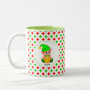 Caneca De Café Em Dois Tons Duende de Natal em Estrela de Diamante Verde e Ver