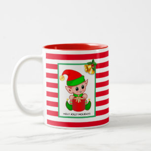 Caneca De Café Em Dois Tons Duende de Natal em Listras Vermelhas e Brancas