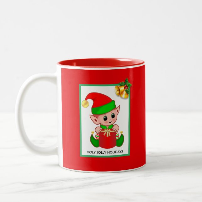 Caneca De Café Em Dois Tons Duende de Natal em Vermelho  (Esquerda)