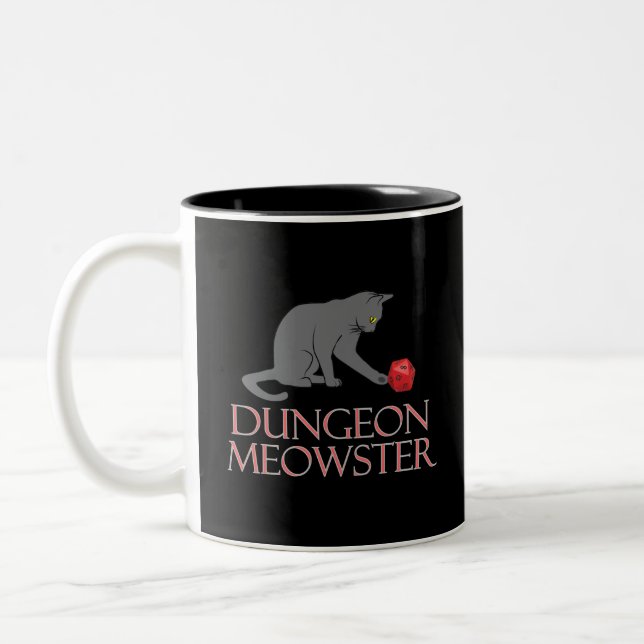 Caneca De Café Em Dois Tons Dungeon Meowster Funny RPG Cat with Dice (Esquerda)