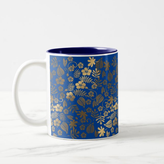 Caneca De Café Em Dois Tons Efeito Dourado Floral Azul (Esquerda)