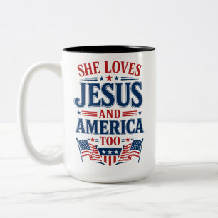 Caneca De Café Em Dois Tons Ela Ama Jesus e a América Também