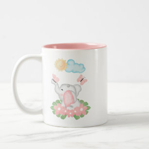 Caneca De Café Em Dois Tons Elefante de Bebê Bonito com flores cor-de-rosa Mu