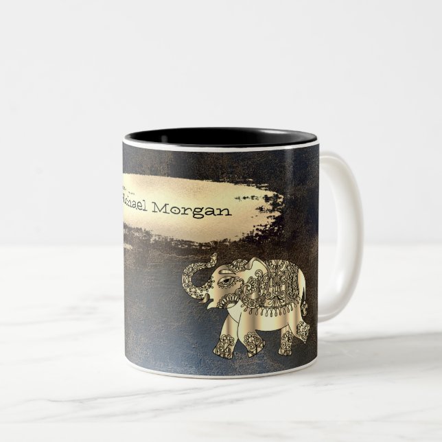 Caneca De Café Em Dois Tons Elefante Dourado Elegante, Traço De Pincel, Olho D (Frente Esquerda)