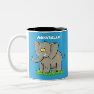Caneca De Café Em Dois Tons Elefante engraçado bonito com pássaro na caricat