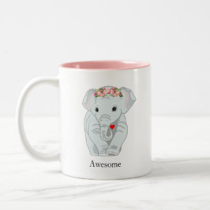 Caneca De Café Em Dois Tons Elefante Fofo com Coroa de Flores Segurando um Cor