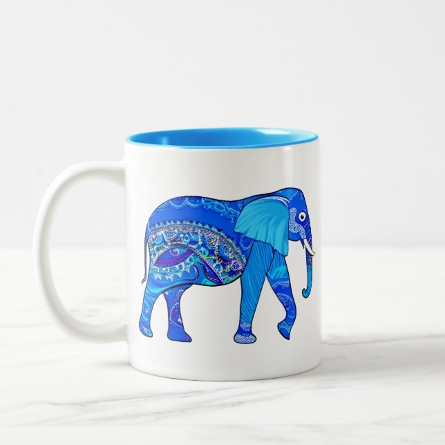 Caneca De Café Em Dois Tons Elefante Indiano em Padrão Árabe Azul (Esquerda)