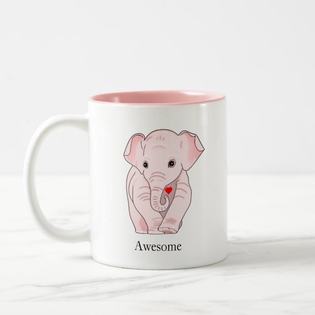 Caneca De Café Em Dois Tons Elefante Rosa Bonito Segurando o Coração (Esquerda)