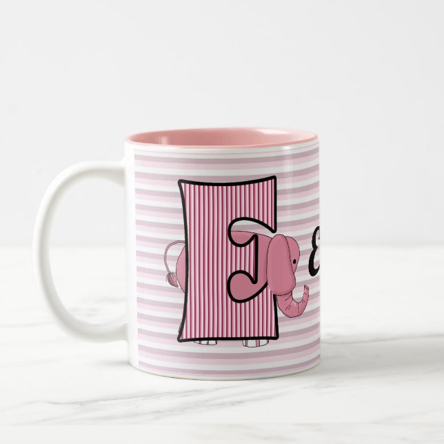 Caneca De Café Em Dois Tons Elefante Rosa Monograma - Letra E com Crianças Nom (Esquerda)