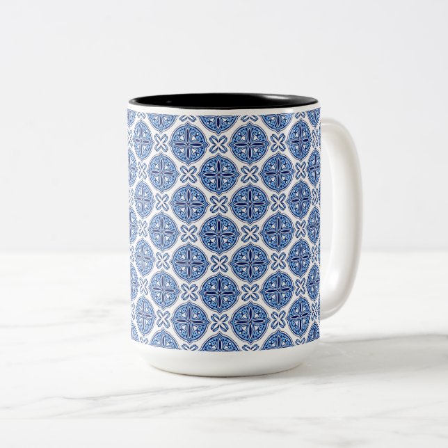 Caneca De Café Em Dois Tons Elegant blue& white Moroccan  pattern  (Frente Esquerda)