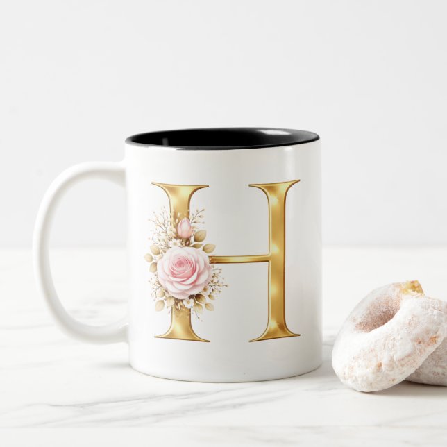 Caneca De Café Em Dois Tons Elegant Letter H Floral Monogram (Com Donut)