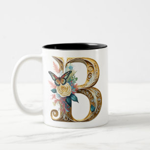 Caneca De Café Em Dois Tons Elegante boêmio floral letra B