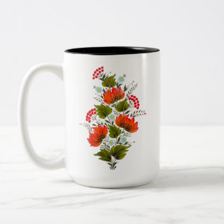 Caneca De Café Em Dois Tons Elegante Buquê Floral Arte Folclórica
