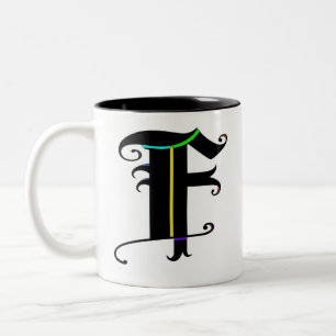 Caneca De Café Em Dois Tons Elegante Calliografia Monograma - letra F