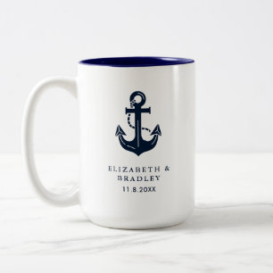 Caneca De Café Em Dois Tons Elegante Celebração de Casamento Marítimo Monogram