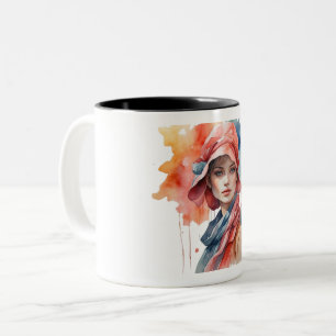 Caneca De Café Em Dois Tons Elegante De Portraços De Aquarela