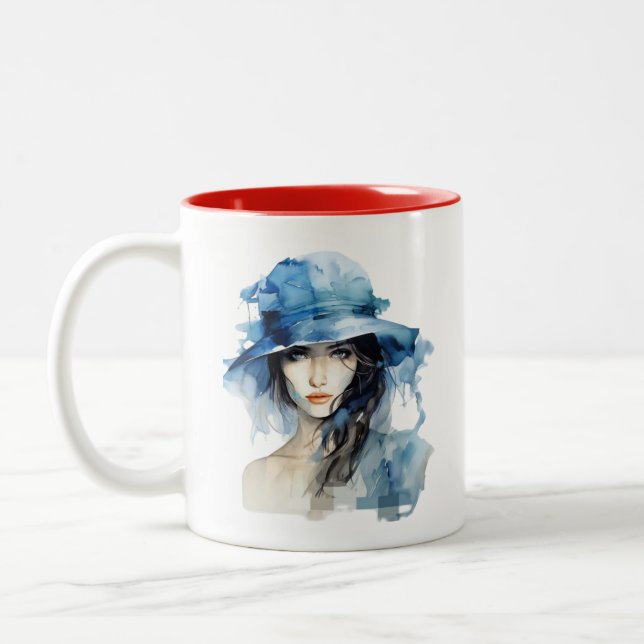Caneca De Café Em Dois Tons Elegante De Portraços De Aquarela (Esquerda)