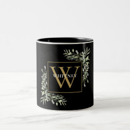 Caneca De Café Em Dois Tons Elegante Dourado Monograma Verde Floral