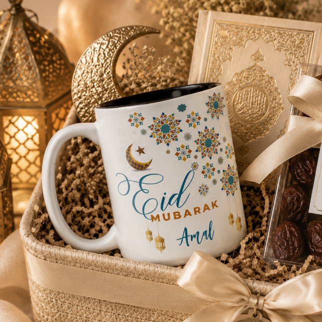 Caneca De Café Em Dois Tons Elegante Eid Mubarak Caligrafia Lua Estrelas Perso (Elegant Eid Mubarak Calligraphy Moon Stars Custom Two-Tone Coffee Mug gift ideas tile arabic muslim )