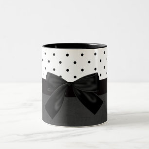 Caneca De Café Em Dois Tons Elegante Estiloso Preto, Pontos Brancos Pretos-Laç