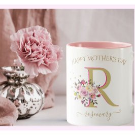 Caneca De Café Em Dois Tons Elegante Floral Dourado Cor-de-Rosa, Nome do Monog