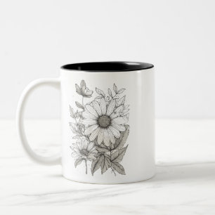 Caneca De Café Em Dois Tons Elegante Floral Outline Art - Mug De Dois Tons (11