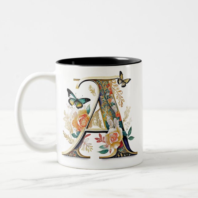 Caneca De Café Em Dois Tons Elegante letra floral boêmia A (Esquerda)