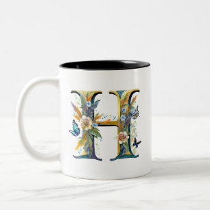 Caneca De Café Em Dois Tons Elegante letra floral boêmia H