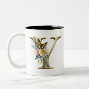 Caneca De Café Em Dois Tons Elegante letra floral boêmia Y