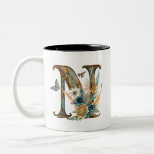 Caneca De Café Em Dois Tons Elegante letra N floral boêmio