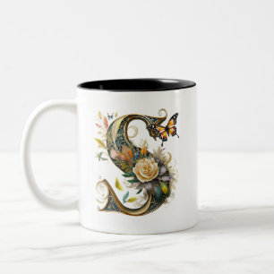 Caneca De Café Em Dois Tons Elegante letra S floral boêmio