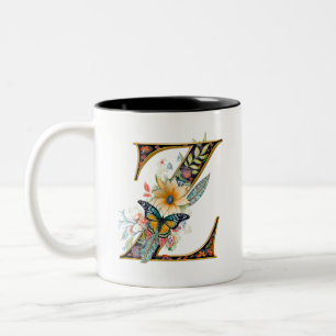 Caneca De Café Em Dois Tons Elegante letra Z floral boêmia