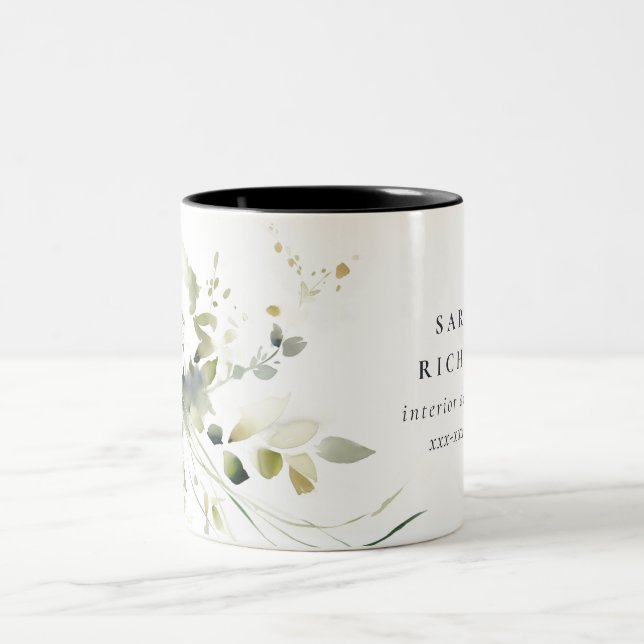 Caneca De Café Em Dois Tons Elegante Moderno Boho Abstrato Verde Floral Branco (Centro)