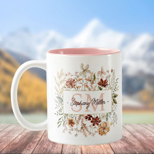 Caneca De Café Em Dois Tons Elegante Monograma Aquarela Floral de Flores Silve