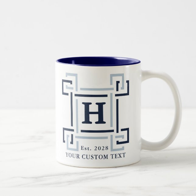 Caneca De Café Em Dois Tons Elegante Monograma Chave Grega Naval (Direita)